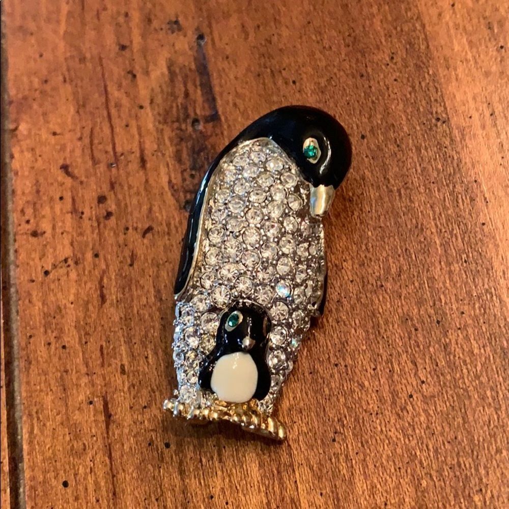 Penguin Mother & Baby Rhinestone Brooch